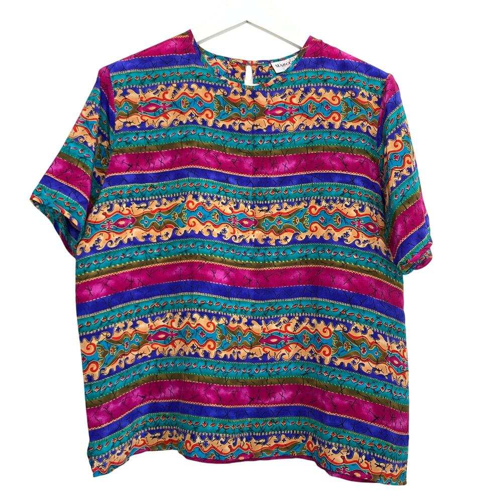 Vintage 80s Marguerite Silk Blouse Short Sleeve Stripes Jewel Tones Size Medium